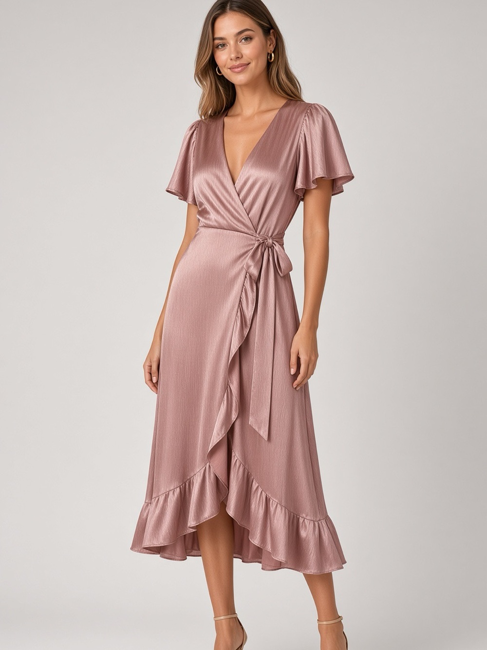 Blue Rain Pink Solid Wrap Midi Dress V-Neck Tie Waist Ruffle Flutter M